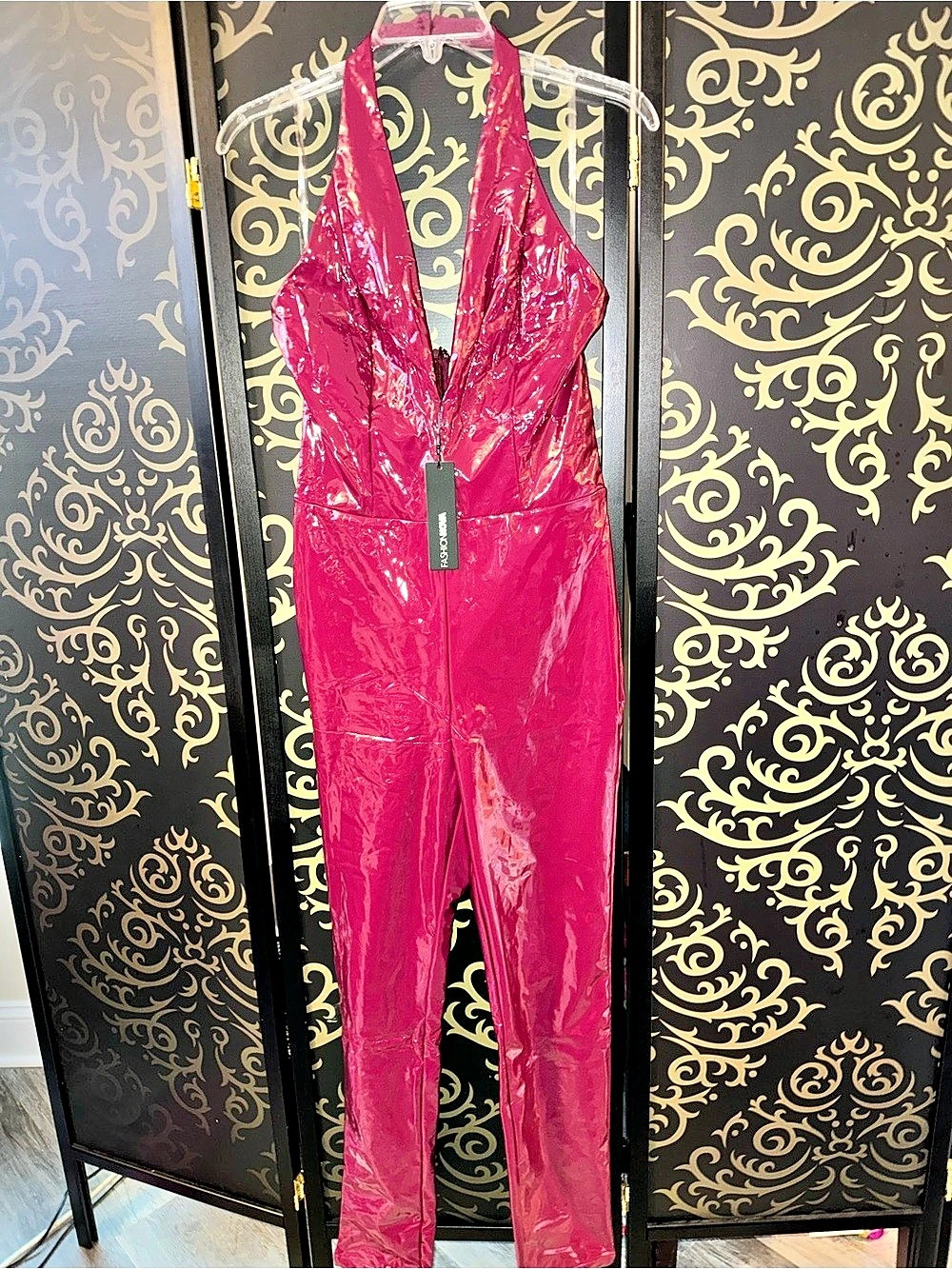 Fashion Nova Suki Patent Leather Halter Jumpsuit Pink Medium